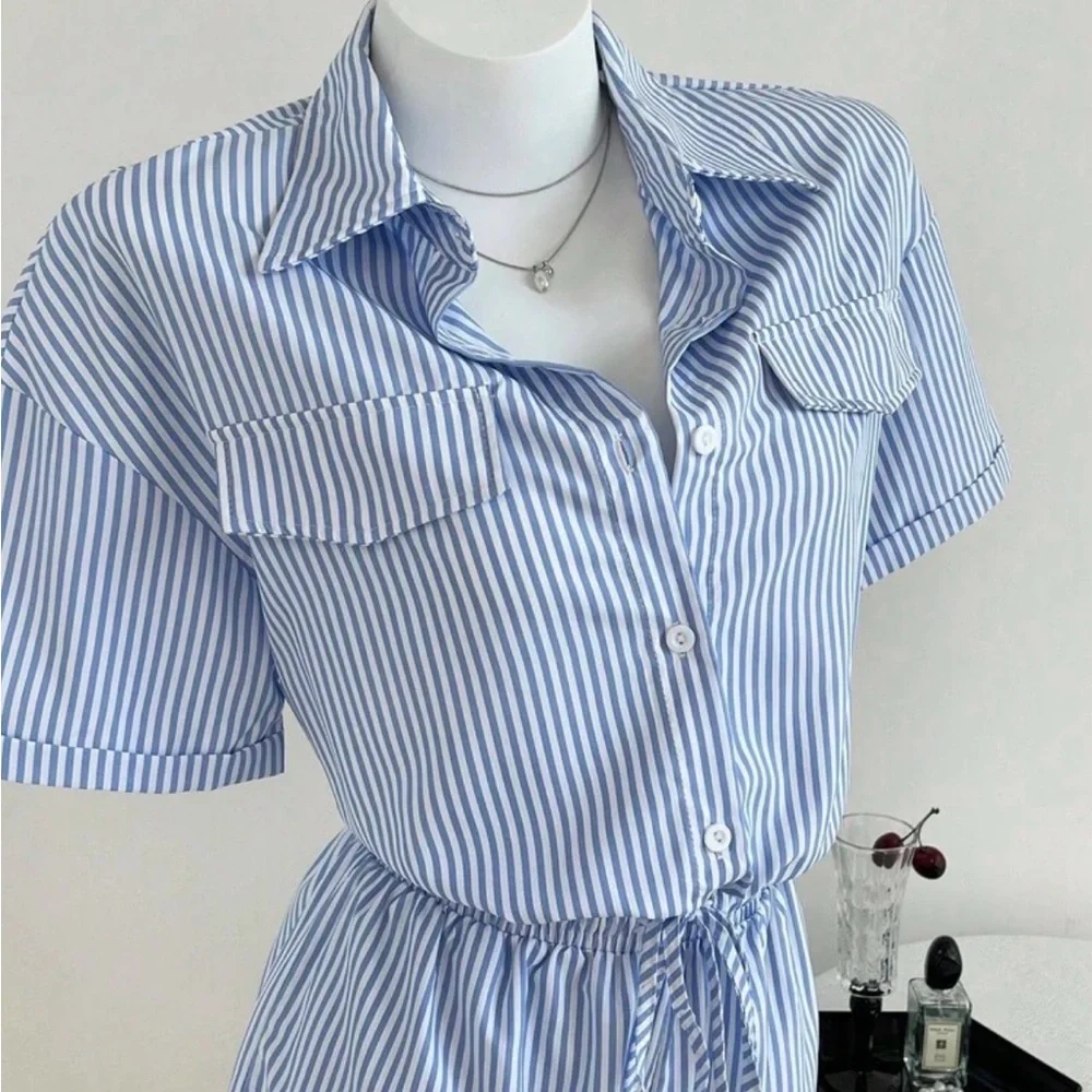 Striped Blue & White Short Sleeve Romper - Picture 3 of 5
